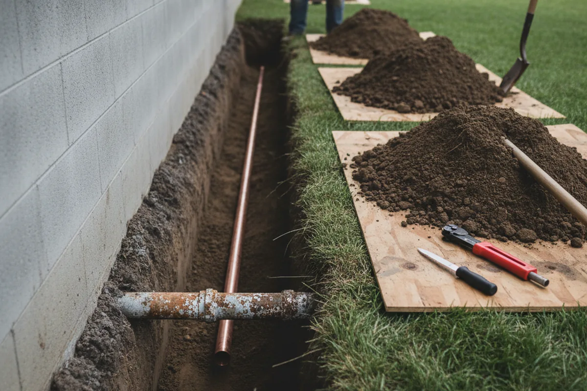 Excavated water line trench during Sewer Line Repair in Lincolnwood
